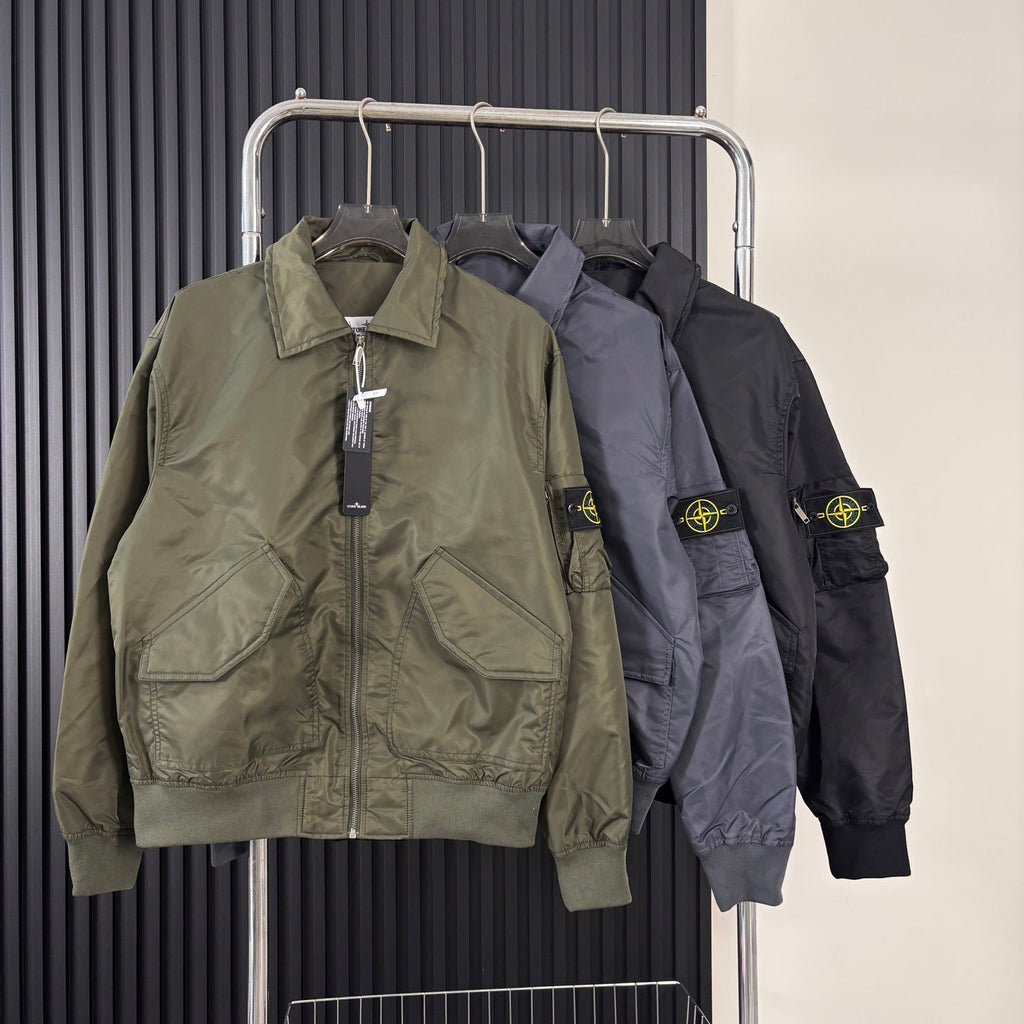 Stone Island Nylon Bomber Jacket with Point Collar and Compass Badge