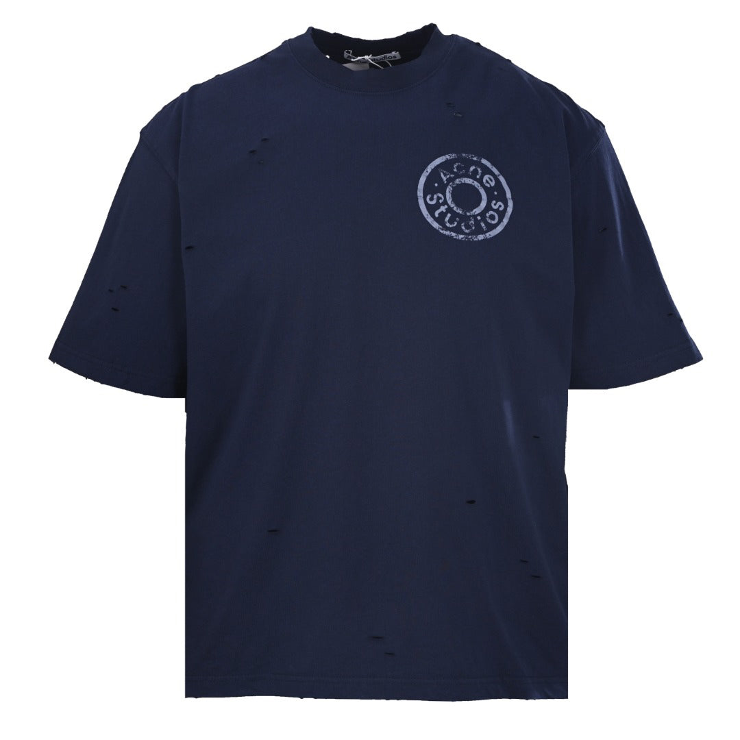 Acne Studios Distressed‑Rip Circular‑Logo Oversized Crew‑Neck T‑Shirt