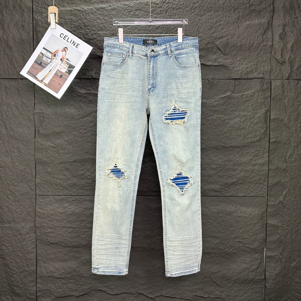 AMIRI Blue Ribbed Patch Diamond‑Rip Distressed Slim‑Fit Denim Jeans