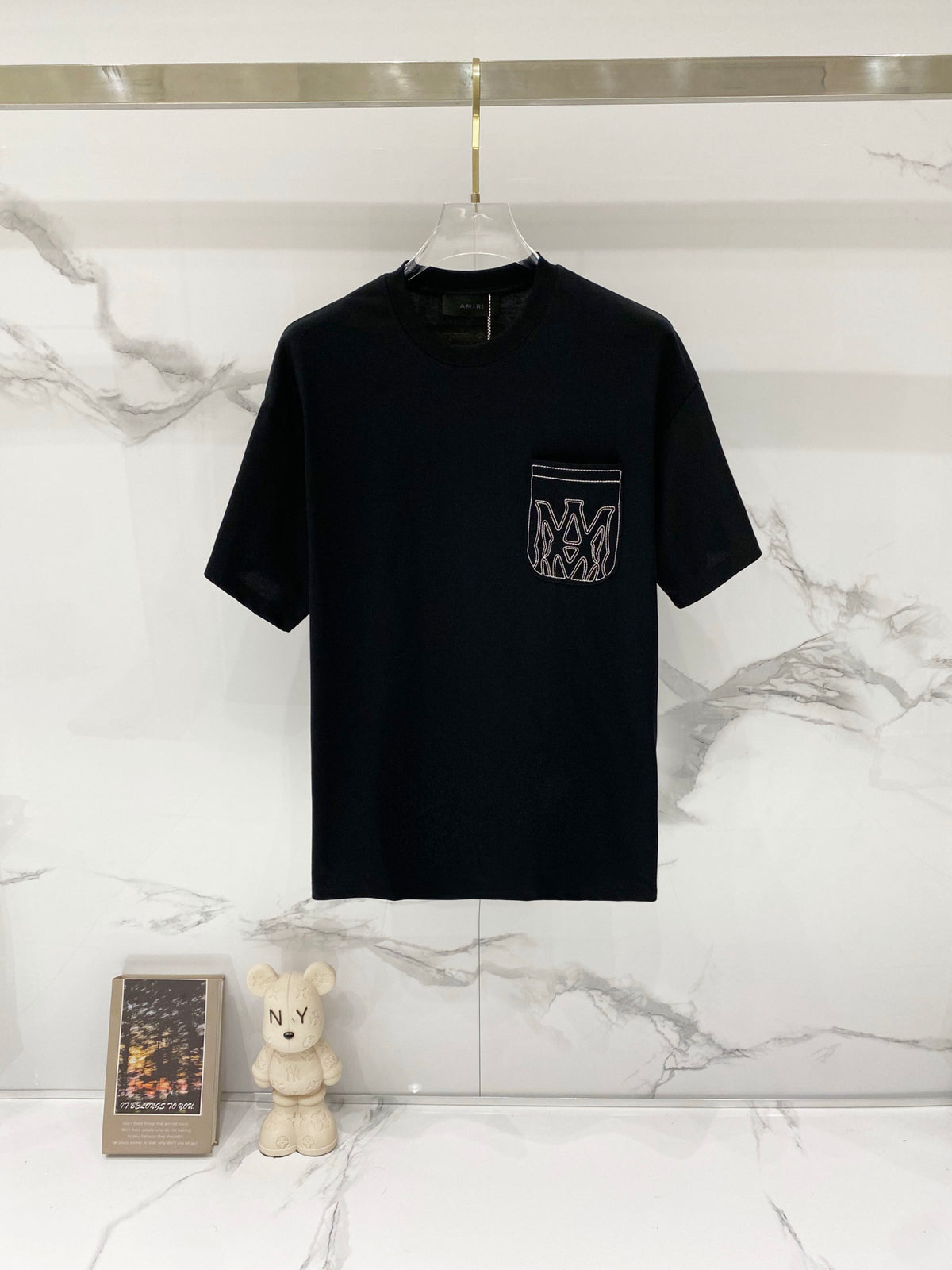 AMIRI Chest Pocket Embroidered Monogram Crew Neck Short‑Sleeve T‑Shirt