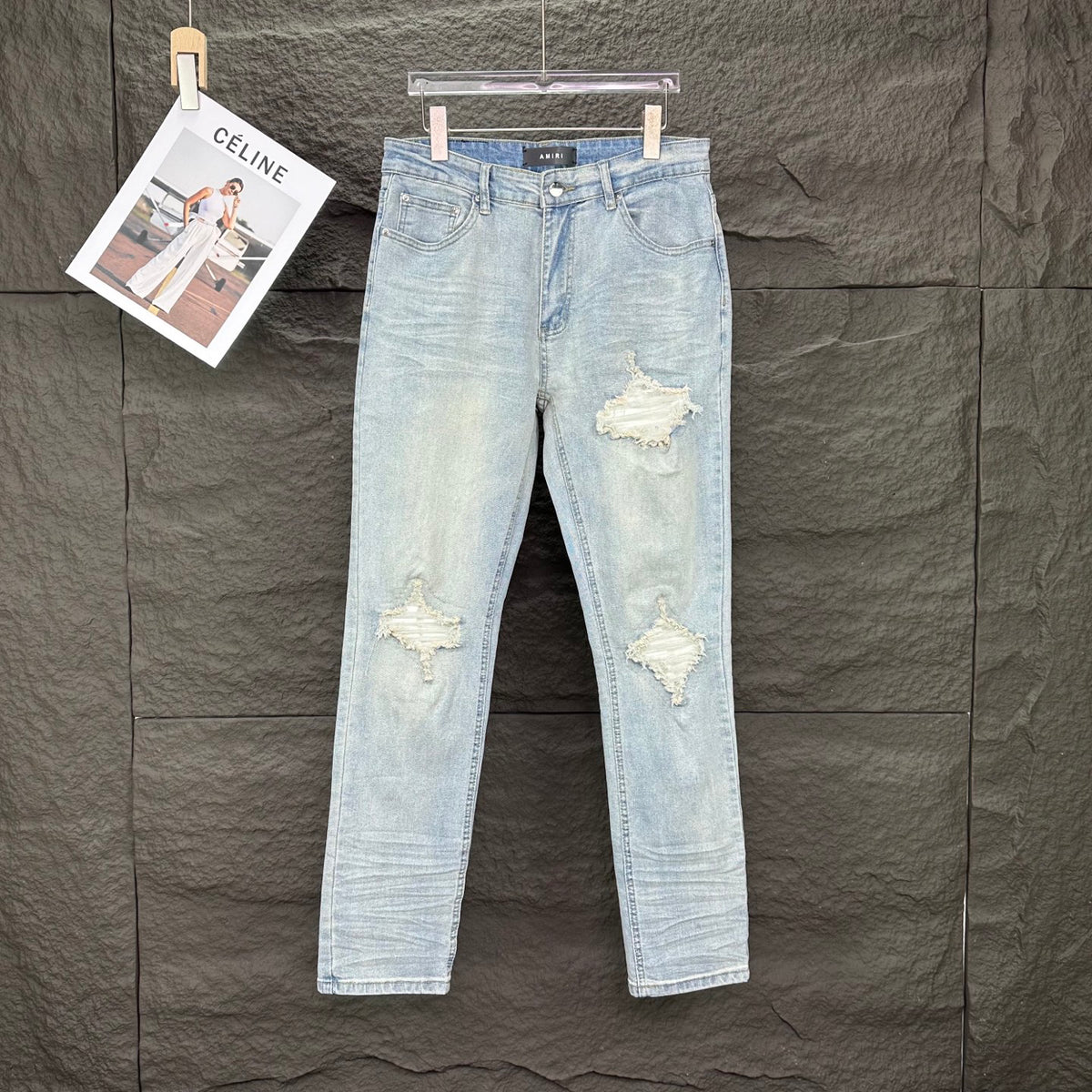 AMIRI White Ribbed Patch Distressed Slim‑Fit Denim Jeans