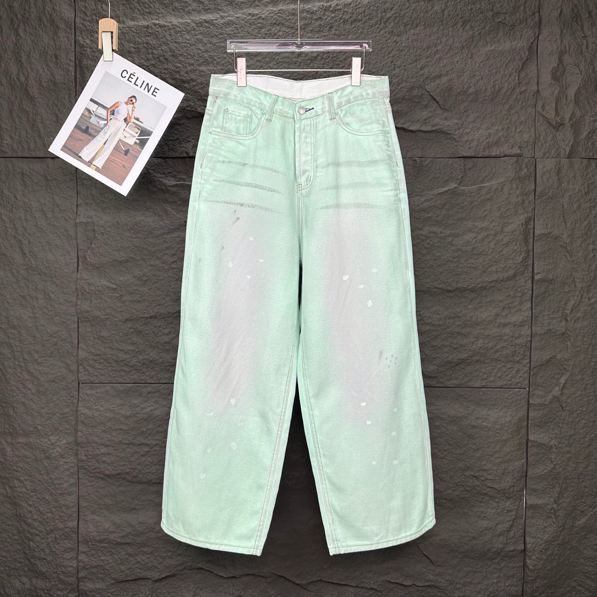 Acne Studios Mint Wash Paint‑Splatter Wide‑Leg Jeans