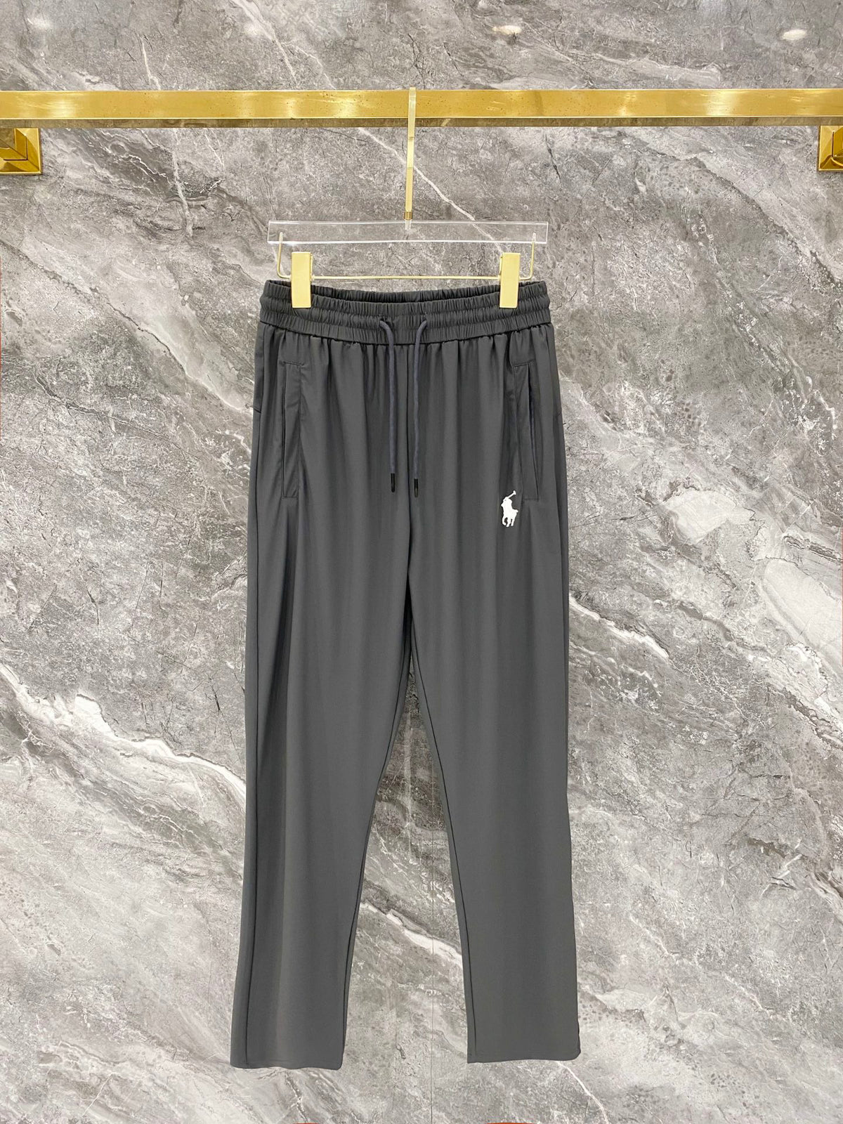 Men's Quick‑Dry Drawstring Casual Pants Horse Embroidery Elastic Waist Trousers With Zipper Pockets