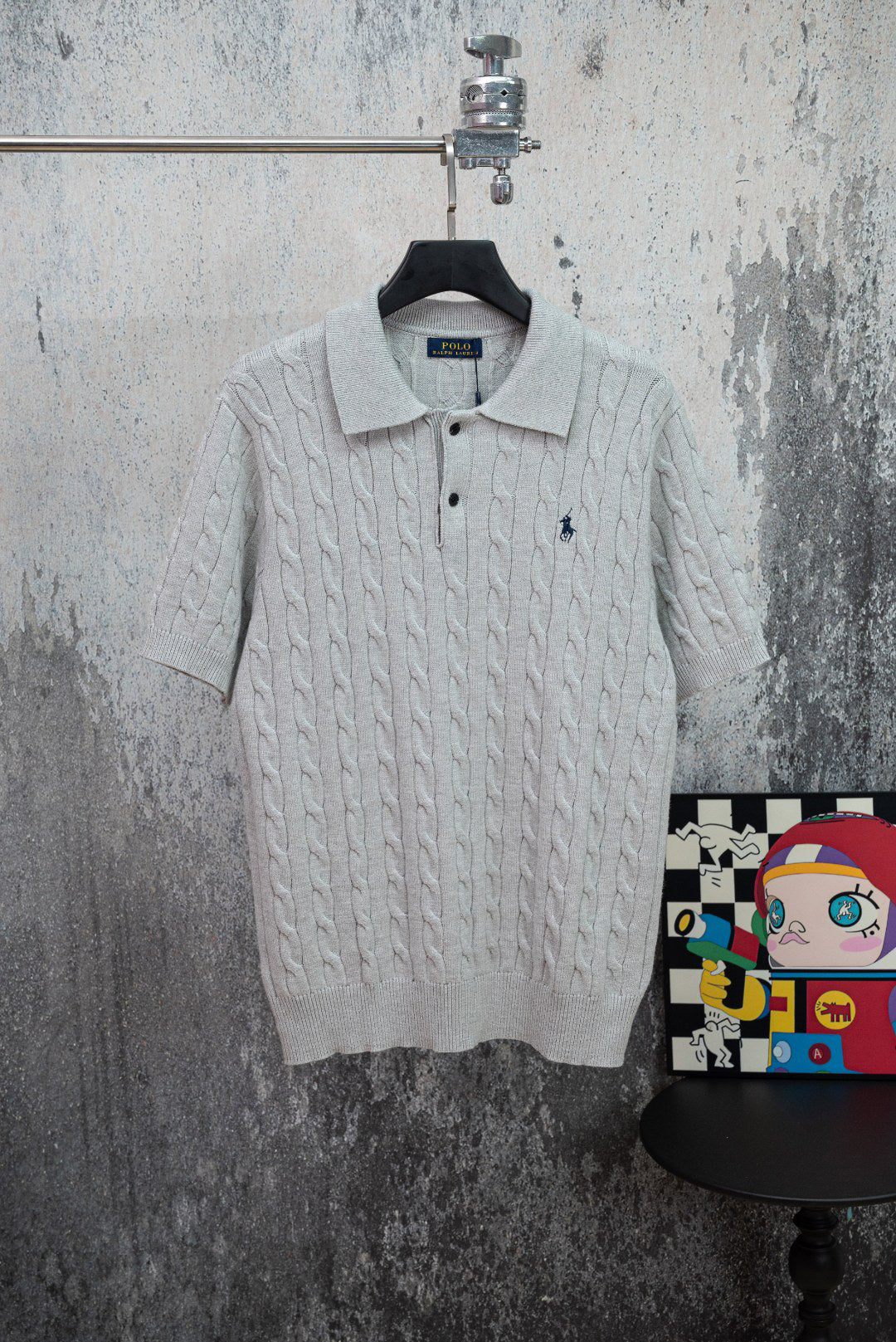 Men's Cable Knit Short‑Sleeve Collared Polo Top, Red Rider Chest Embroidery