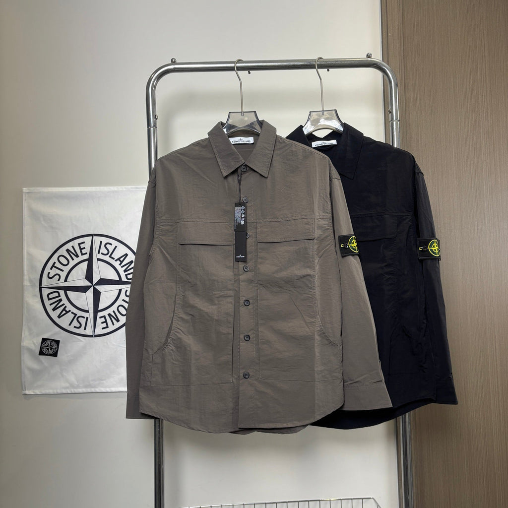 Stone Island Crinkle Nylon Overshirt with Flap Chest Pockets and Compass Badge