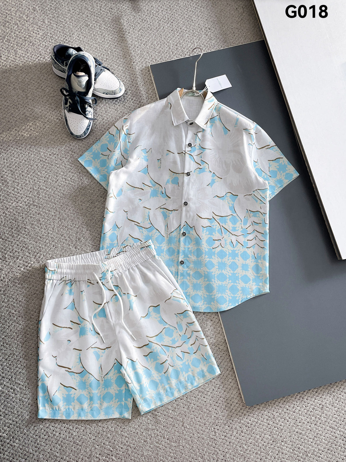 AMIRI Tropical Floral Print Short‑Sleeve Button‑Up Shirt & Drawstring Shorts Summer Two‑Piece Set