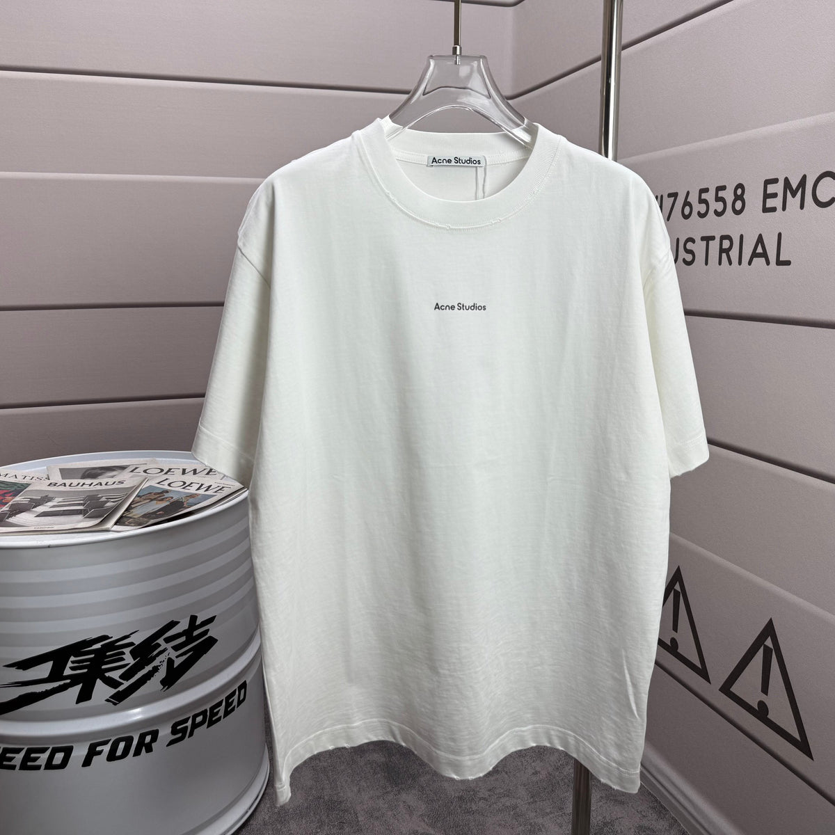 Acne Studios Minimal Centered Chest‑Text Distressed‑Trim Crew‑Neck Short‑Sleeve T‑Shirt