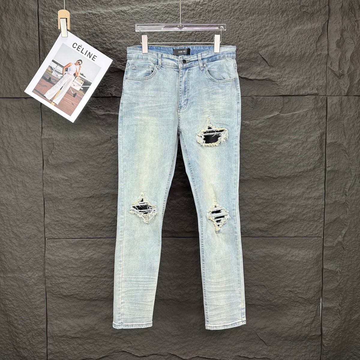 AMIRI Black Ribbed Patch Distressed Slim‑Fit Denim Jeans