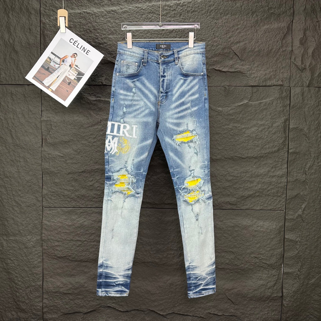 AMIRI Yellow Patch Distressed Printed Slim‑Fit Denim Jeans