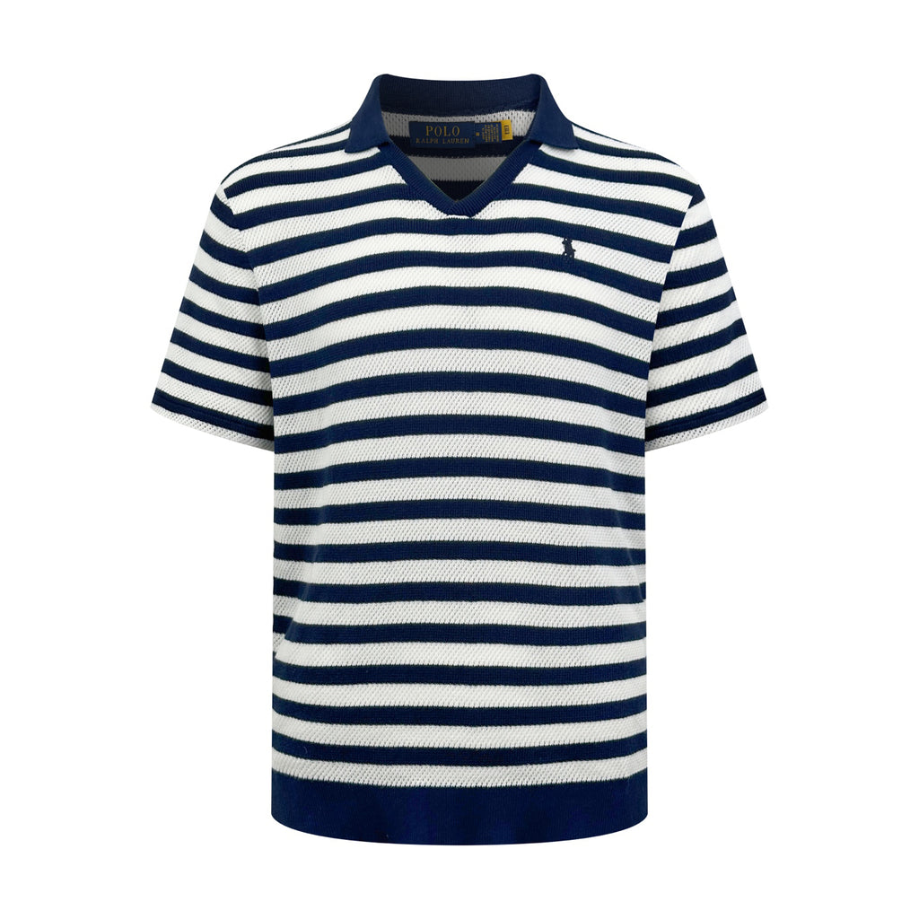 Polo Ralph Lauren Men's Striped V‑Neck Knit Short‑Sleeve Polo Shirt, Navy Pony Embroidery