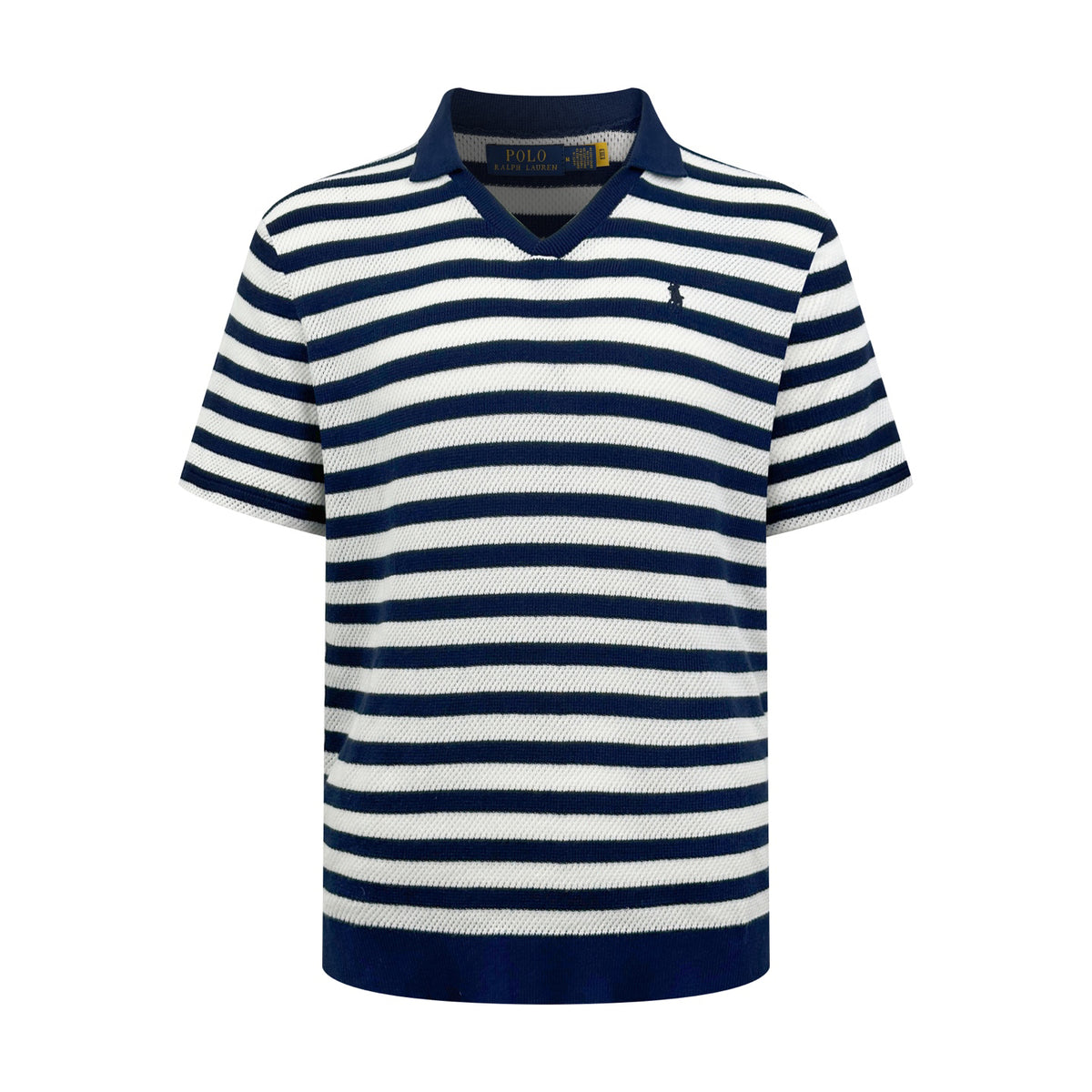 Polo Ralph Lauren Men's Striped V‑Neck Knit Short‑Sleeve Polo Shirt, Navy Pony Embroidery