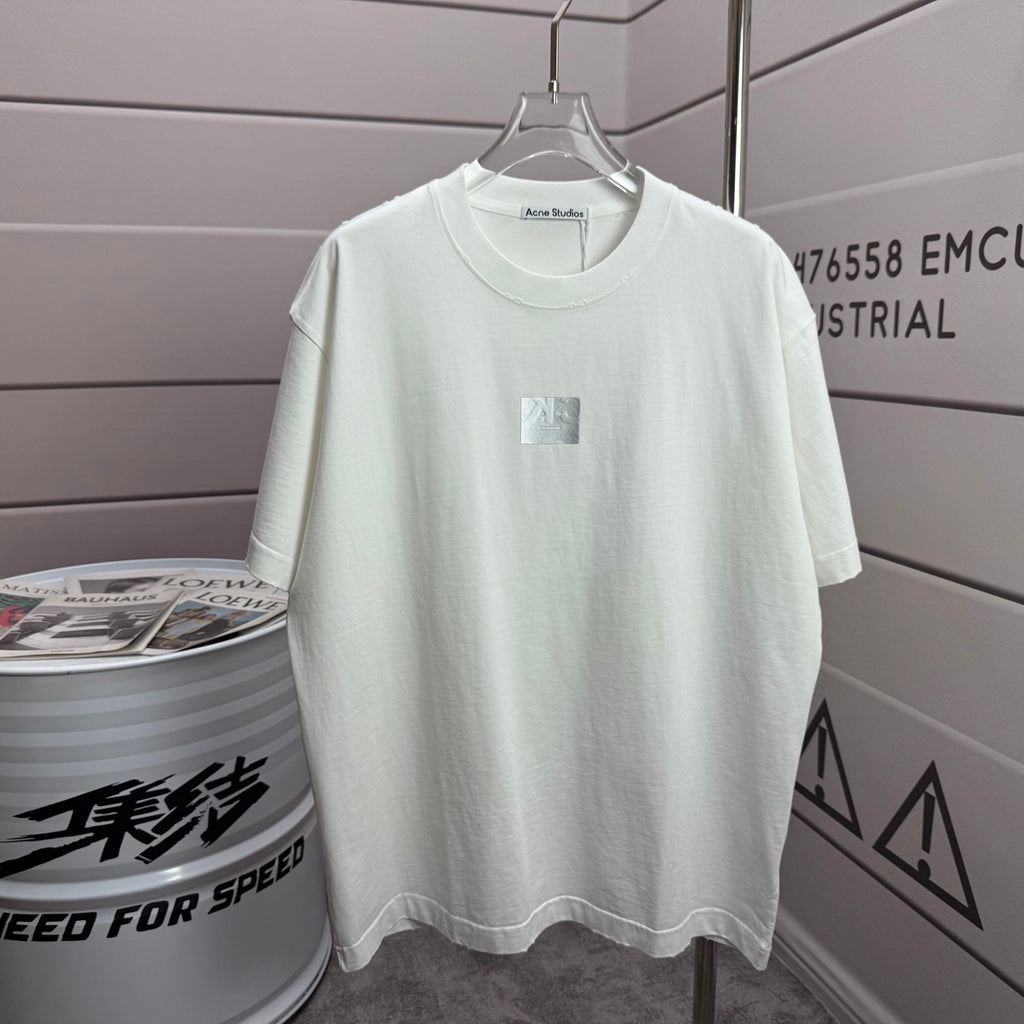Acne Studios Square Patch‑Detail Distressed‑Trim Crew‑Neck Short‑Sleeve T‑Shirt