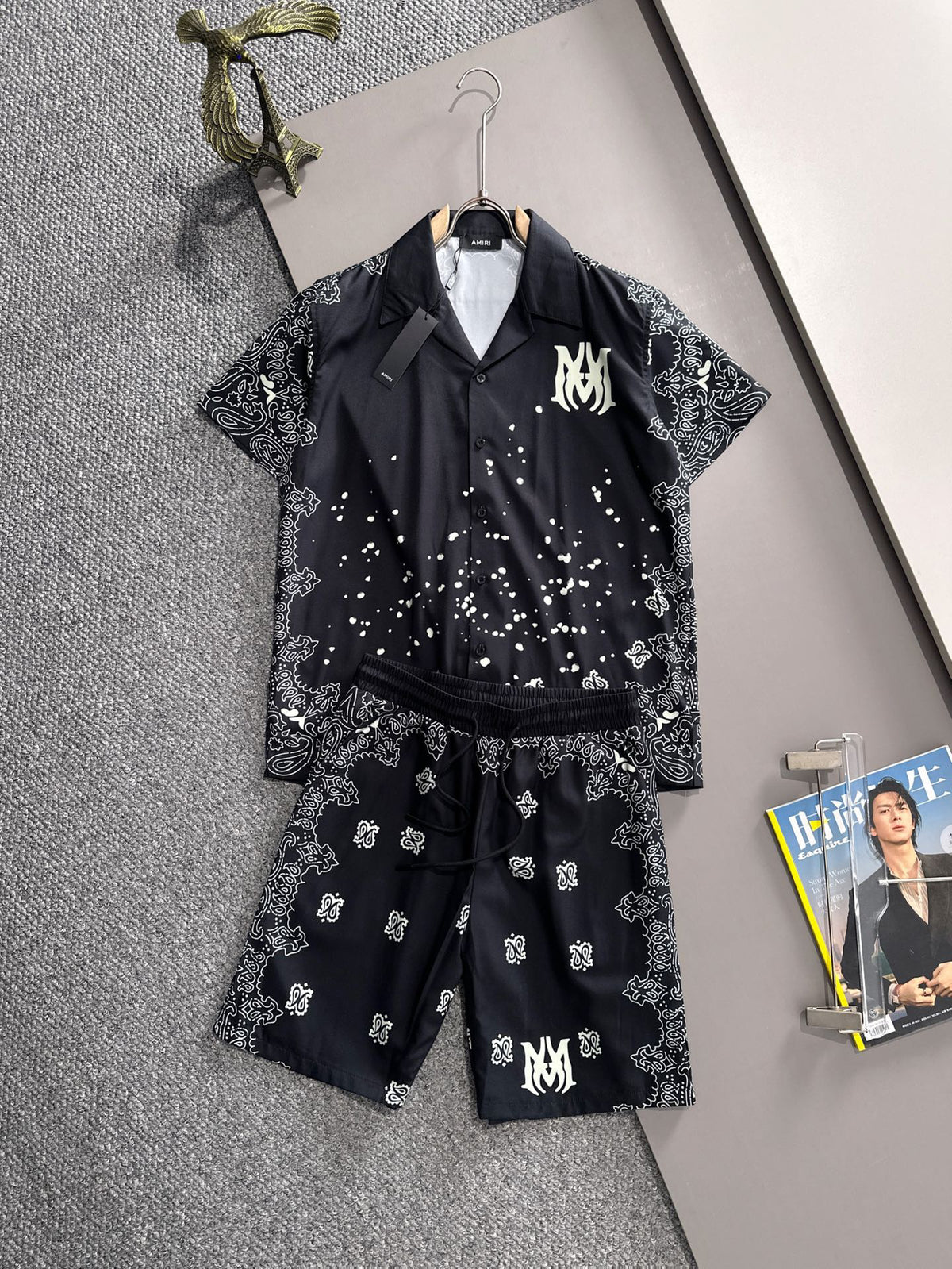 AMIRI MA Logo Bandana Border Bleach Splatter Camp Collar Shirt and Shorts Set