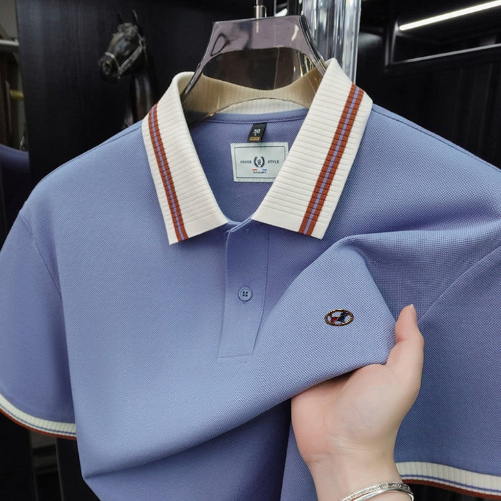 Men's Striped Collar Pique Polo Shirt, Small Badge Embroidery Short‑Sleeve Casual Top