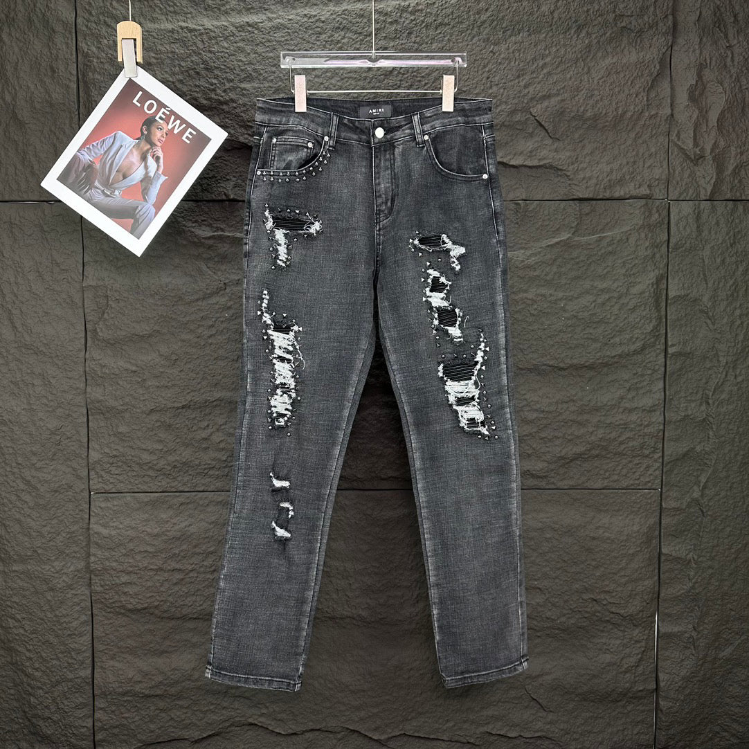 AMIRI Studded Multi‑Rip Distressed Slim‑Fit Denim Jeans