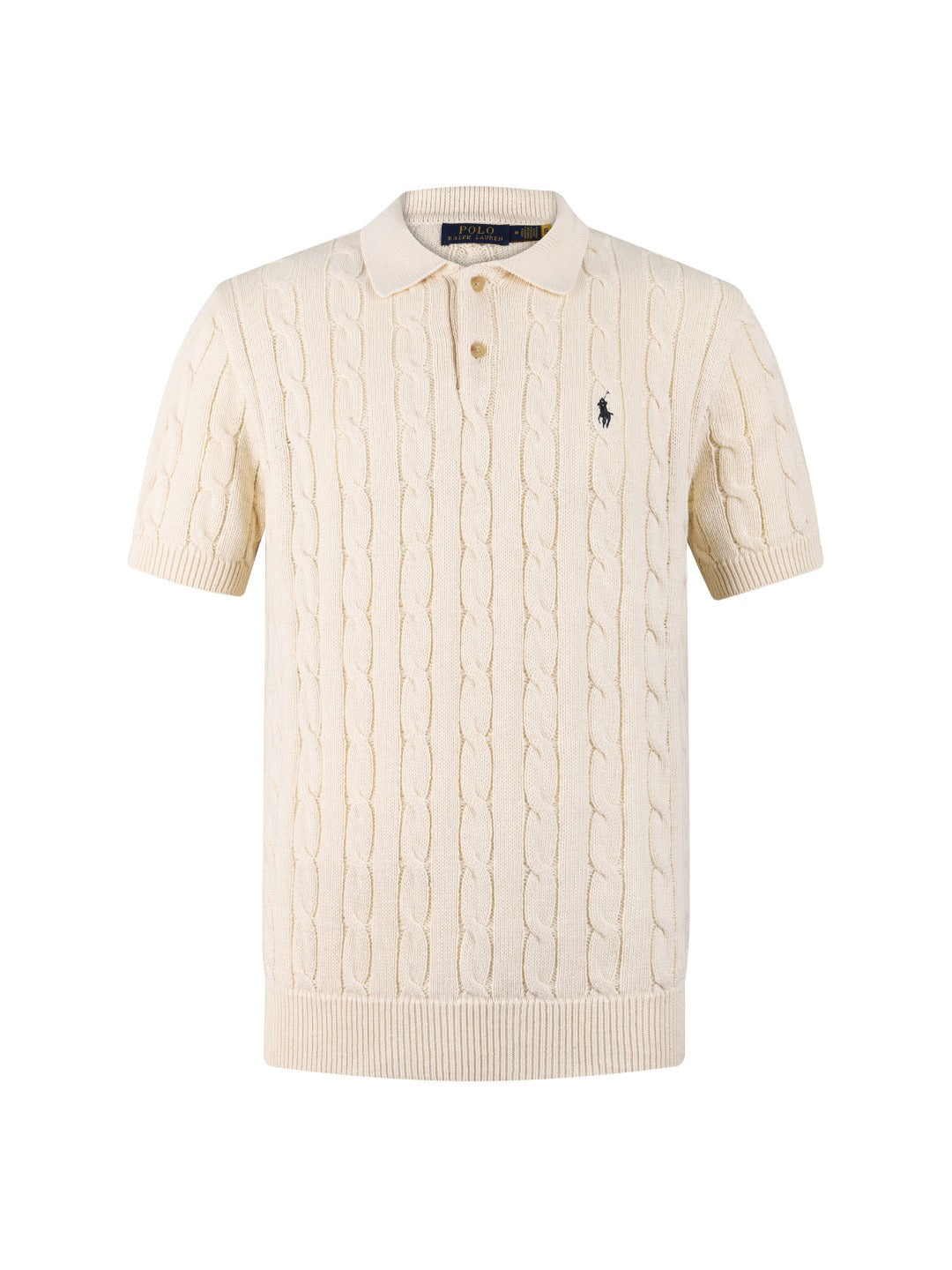 Polo Ralph Lauren Men’s Cable‑Knit Short‑Sleeve Polo Sweater With Navy Pony Embroidery