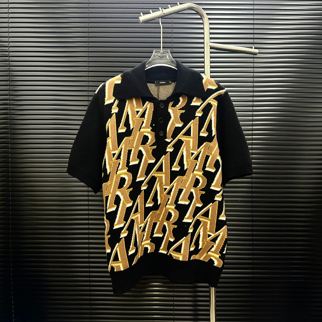 AMIRI All‑Over Letter Jacquard Short‑Sleeve Knit Polo Shirt
