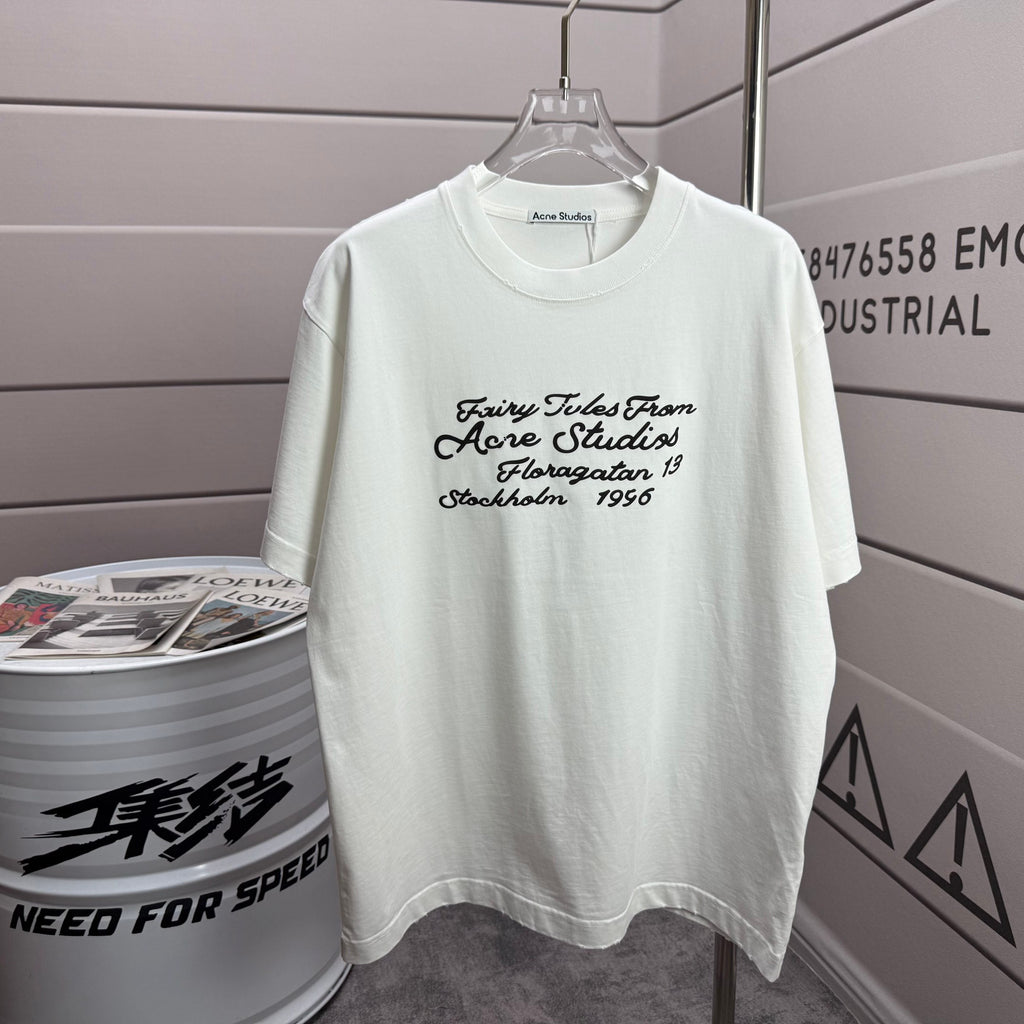 Acne Studios Fairy‑Tales Cursive‑Text Distressed‑Trim Crew‑Neck Short‑Sleeve T‑Shirt