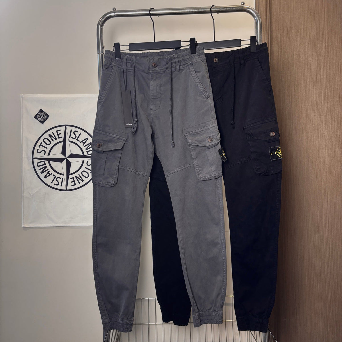 Stone Island Garment-Washed Cargo Jogger Pants with Compass Badge