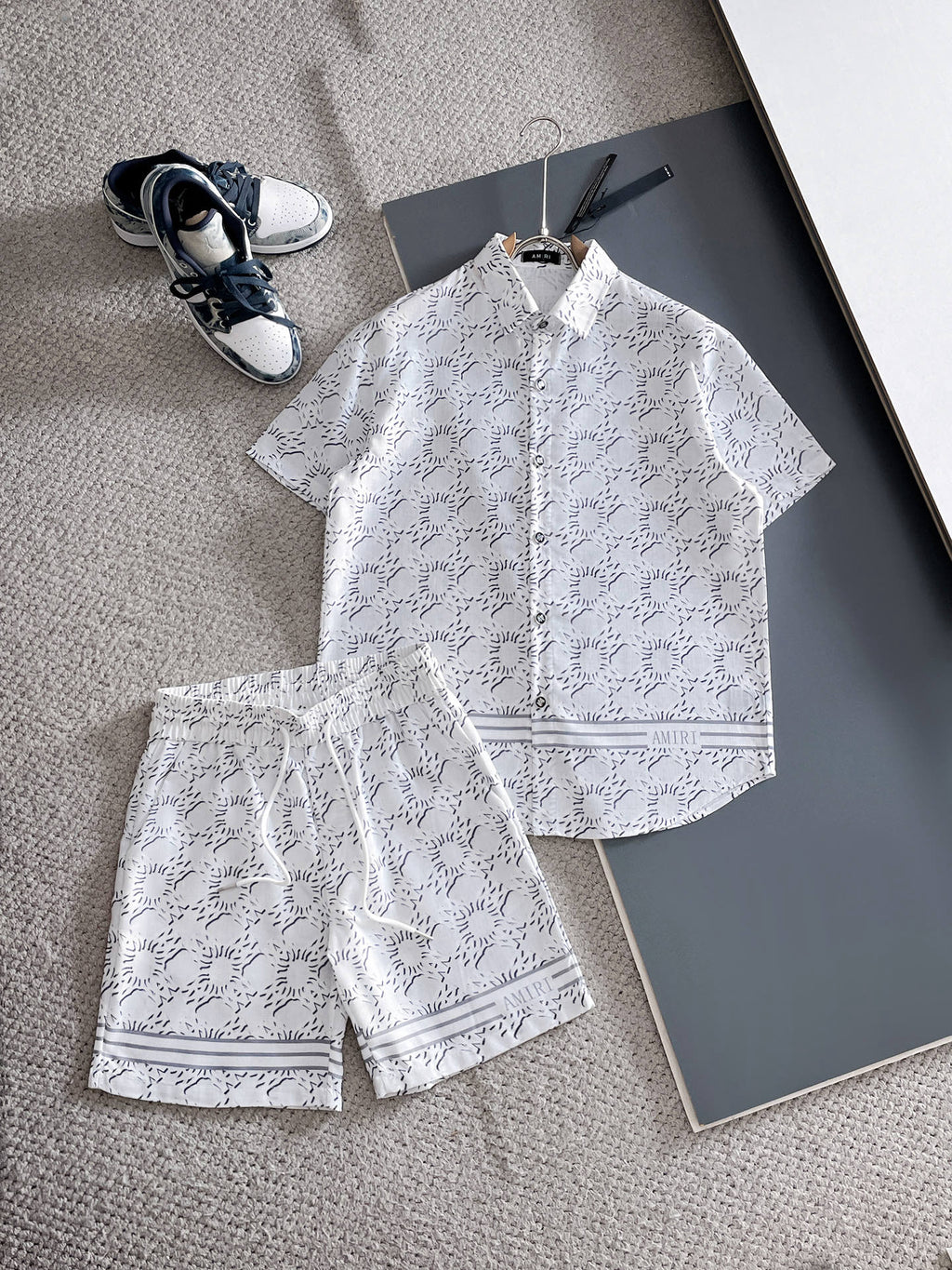 AMIRI All‑Over Print Short‑Sleeve Button‑Up Shirt & Drawstring Shorts Two‑Piece Summer Set