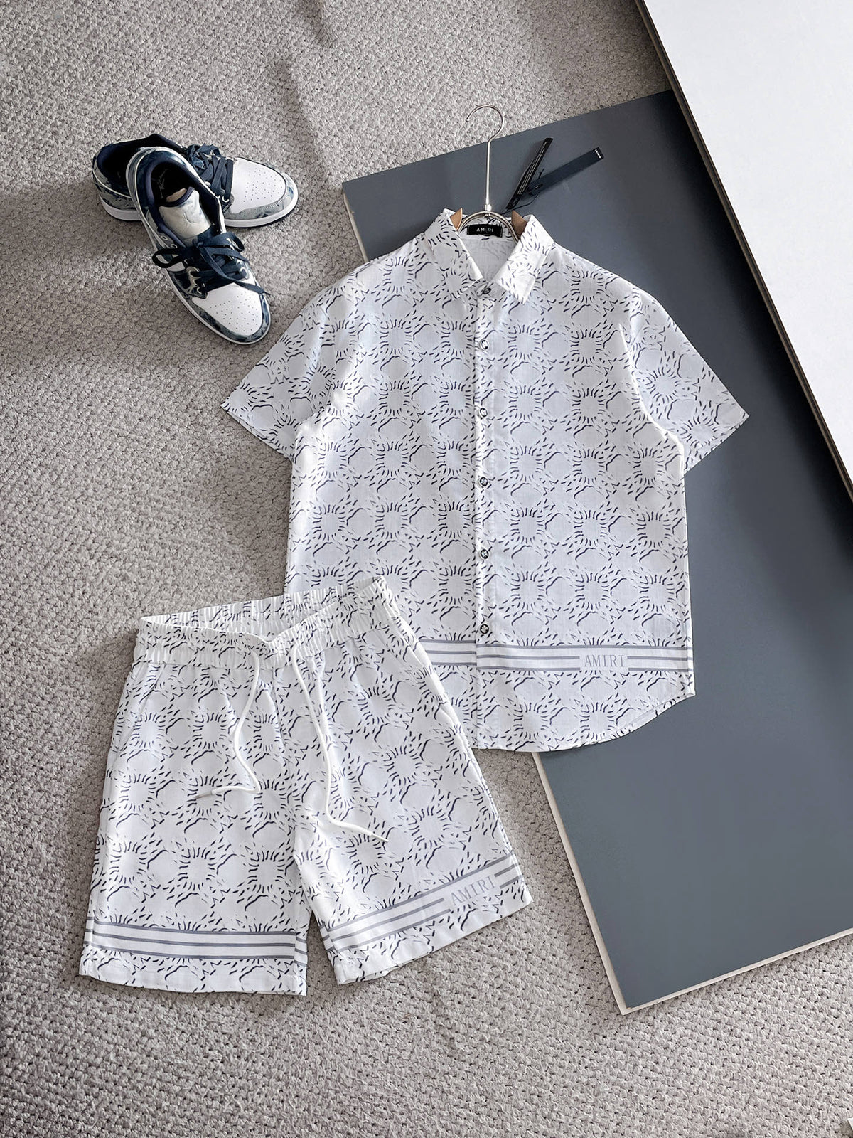 AMIRI All‑Over Print Short‑Sleeve Button‑Up Shirt & Drawstring Shorts Two‑Piece Summer Set