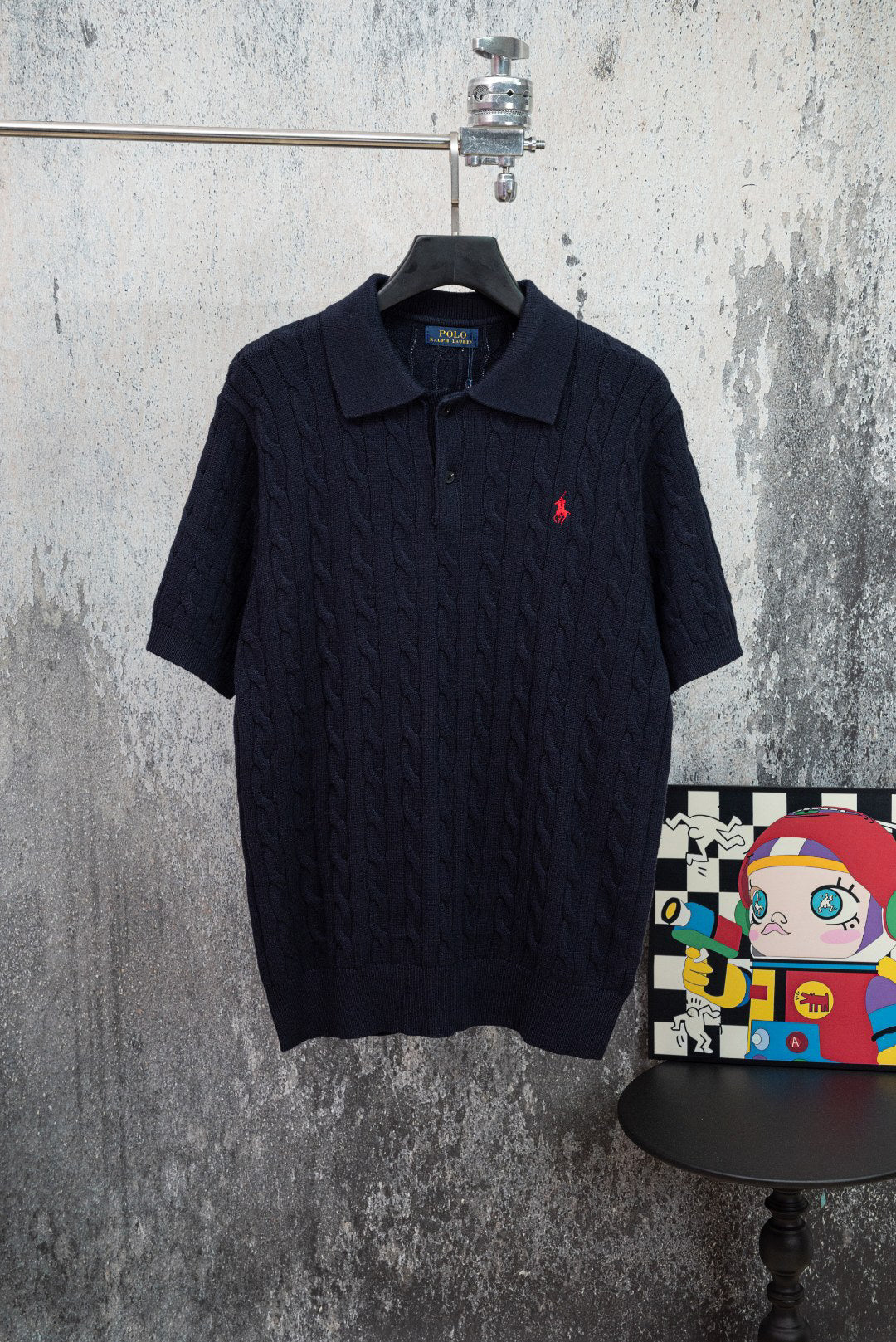Men's Cable Knit Short‑Sleeve Collared Polo Top, Red Rider Chest Embroidery