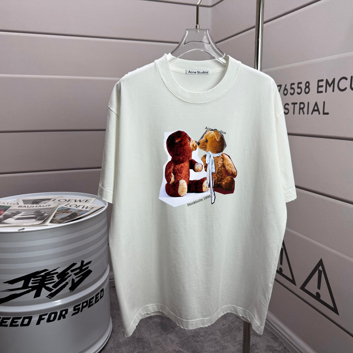 Acne Studios Two‑Teddy‑Bear Graphic Distressed‑Trim Crew‑Neck Short‑Sleeve T‑Shirt
