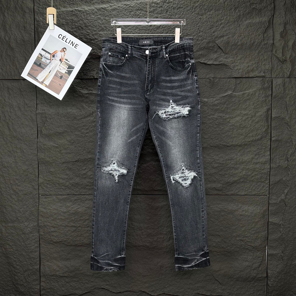 AMIRI White Ribbed Patch Distressed Slim‑Fit Denim Jeans