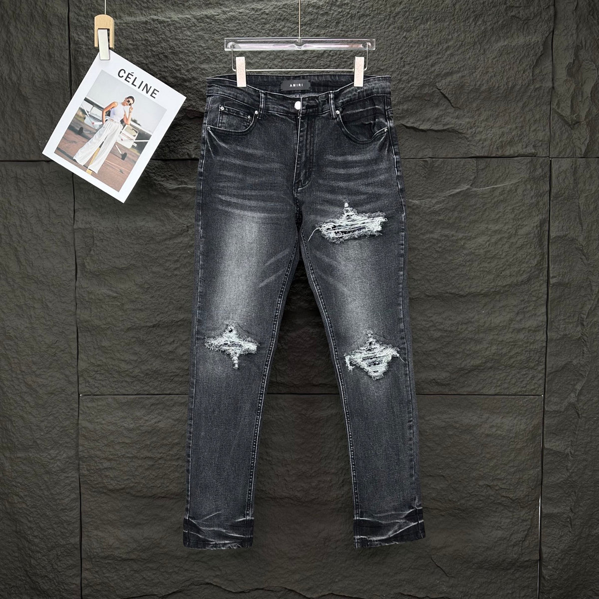 AMIRI White Ribbed Patch Distressed Slim‑Fit Denim Jeans