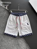 Men's Jacquard Textured Casual Shorts, Geometric Trim Waist & Hem, Rider Embroidery Drawstring Shorts
