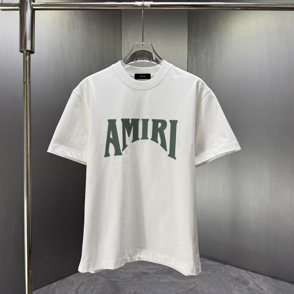 AMIRI Perforated Collegiate Logo Crew‑Neck Short‑Sleeve T‑Shirt
