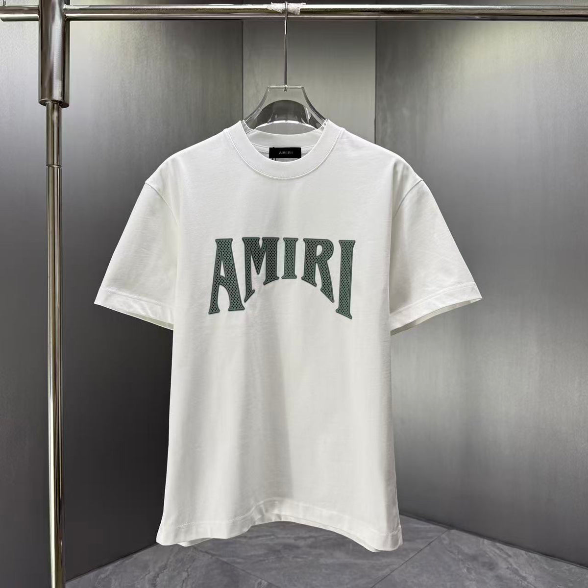 AMIRI Perforated Collegiate Logo Crew‑Neck Short‑Sleeve T‑Shirt