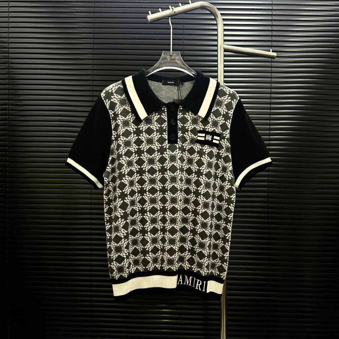 AMIRI Geometric Jacquard Color‑Block Short‑Sleeve Knit Polo Shirt