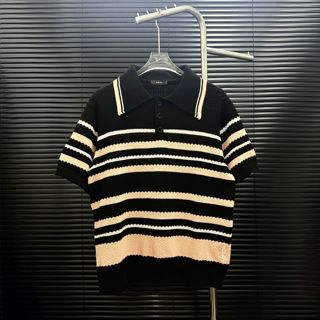 AMIRI Striped Knit Short‑Sleeve Polo Shirt