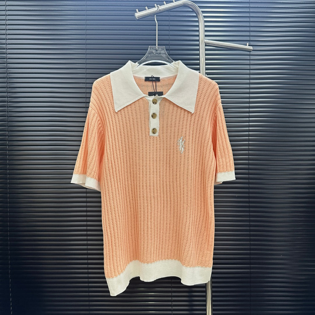 AMIRI Contrast‑Trim Ribbed Knit Short‑Sleeve Polo Shirt