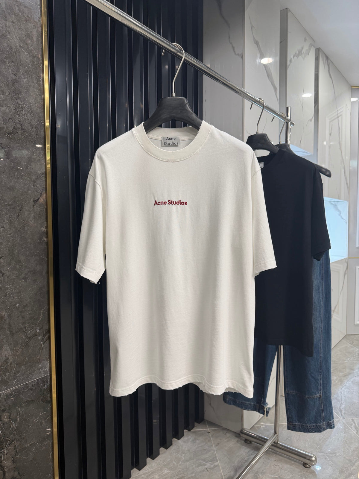Acne Studios Chest‑Embroidered‑Script Distressed‑Hem Oversized Crew‑Neck T‑Shirt