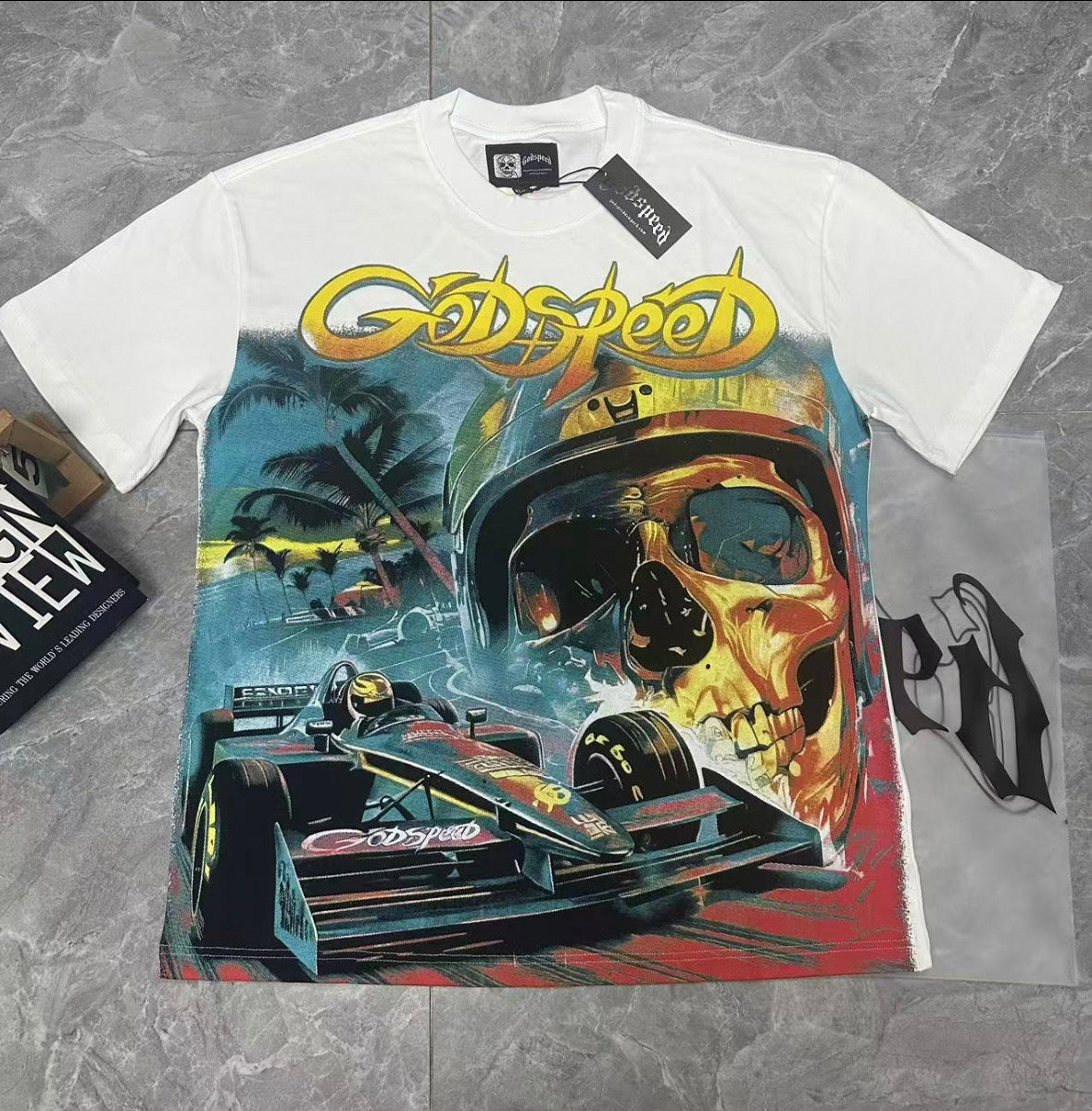 Godspeed F1 Racer Skeleton Double‑Sided Short Sleeve Tee (Bright Blue / White)