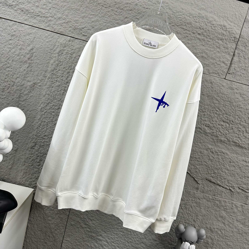 Stone Island Early Autumn–Winter 2026 Sweatshirt — Dripping Compass Star Flocked Logo at Left Chest, Dripping Compass Badge at Centre Back