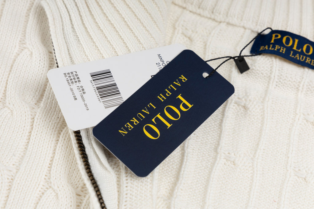 Ralph Lauren Men's Full‑Zip Cable Knit Stand Collar Cardigan Sweater With Navy Pony Logo