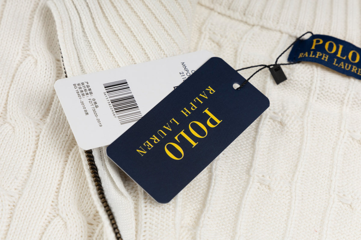 Ralph Lauren Men's Full‑Zip Cable Knit Stand Collar Cardigan Sweater With Navy Pony Logo