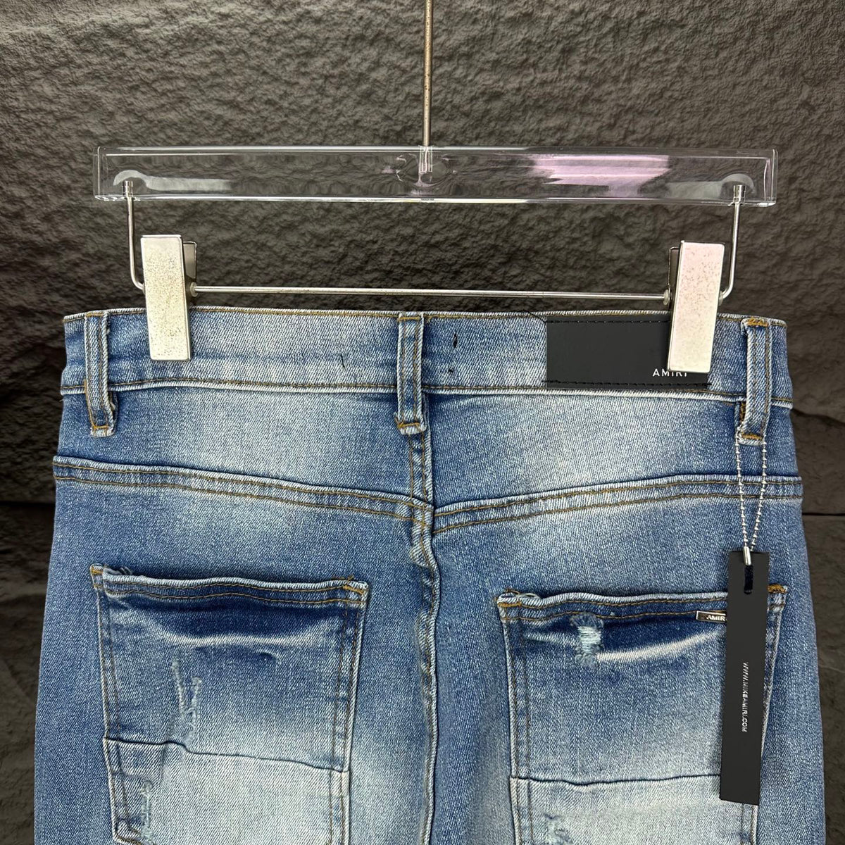 AMIRI Yellow Patch Distressed Printed Slim‑Fit Denim Jeans