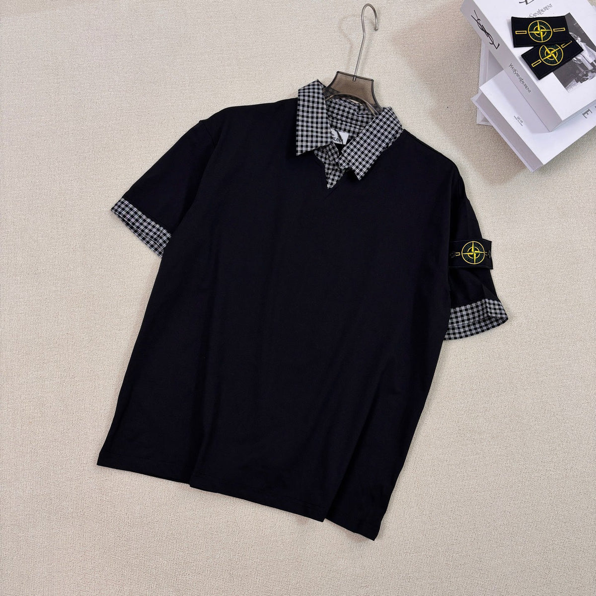 Stone Island Faux Two-Piece Short Sleeve Top with Gingham Collar