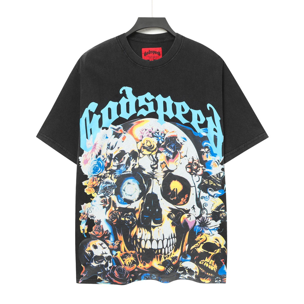 Godspeed Psychedelic Floral Skull Short‑Sleeve T‑Shirt (Black)