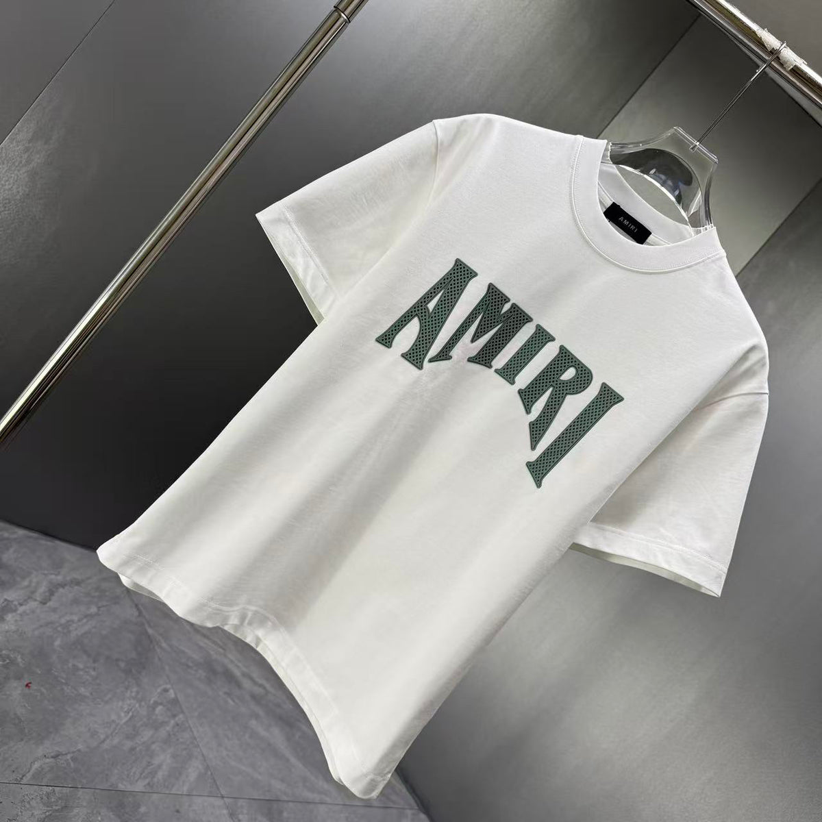 AMIRI Perforated Collegiate Logo Crew‑Neck Short‑Sleeve T‑Shirt