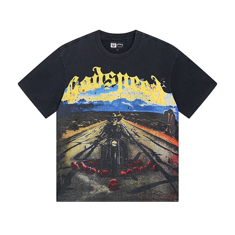 Godspeed Highway Biker Skeleton Short‑Sleeve T‑Shirt (Black)