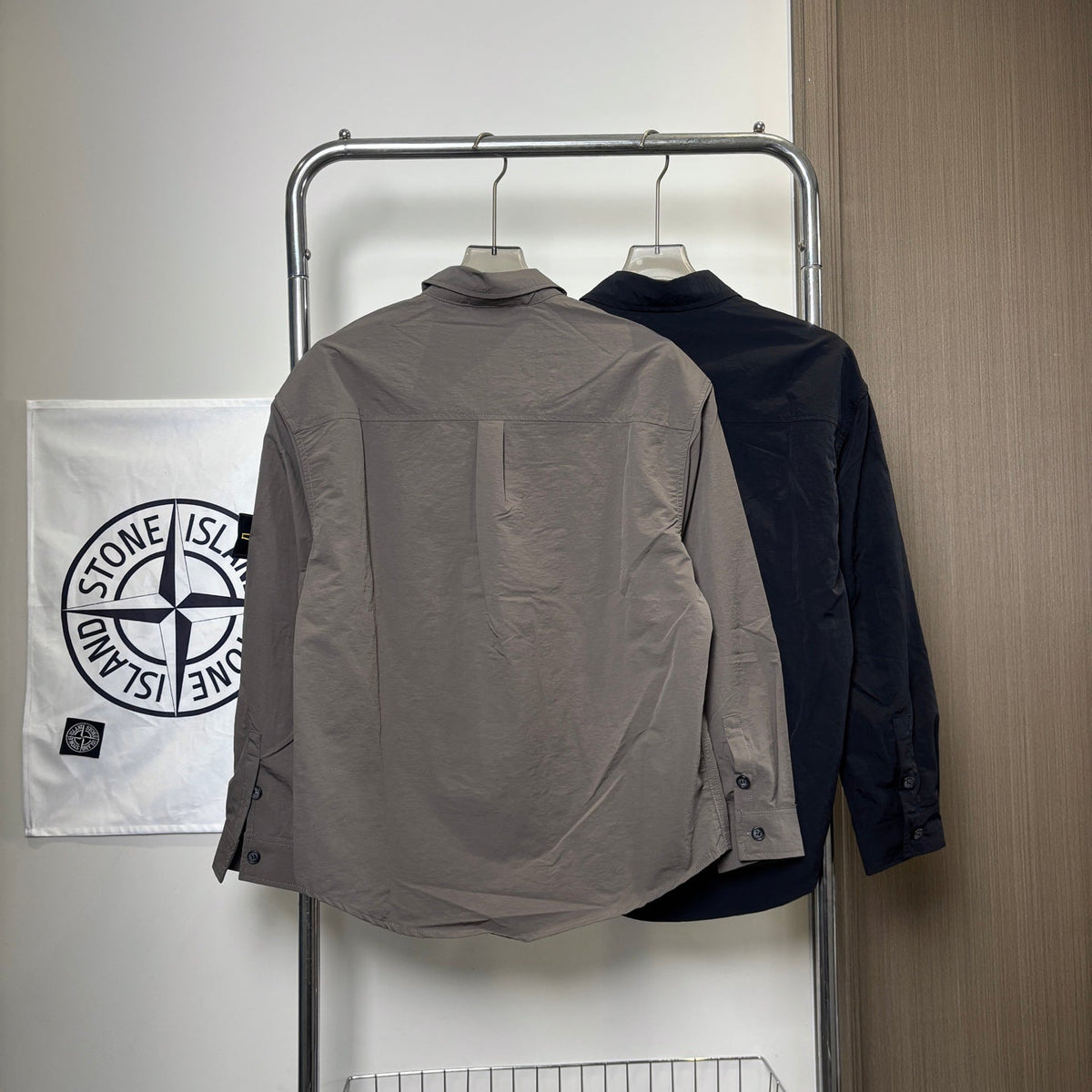 Stone Island Crinkle Nylon Overshirt with Flap Chest Pockets and Compass Badge