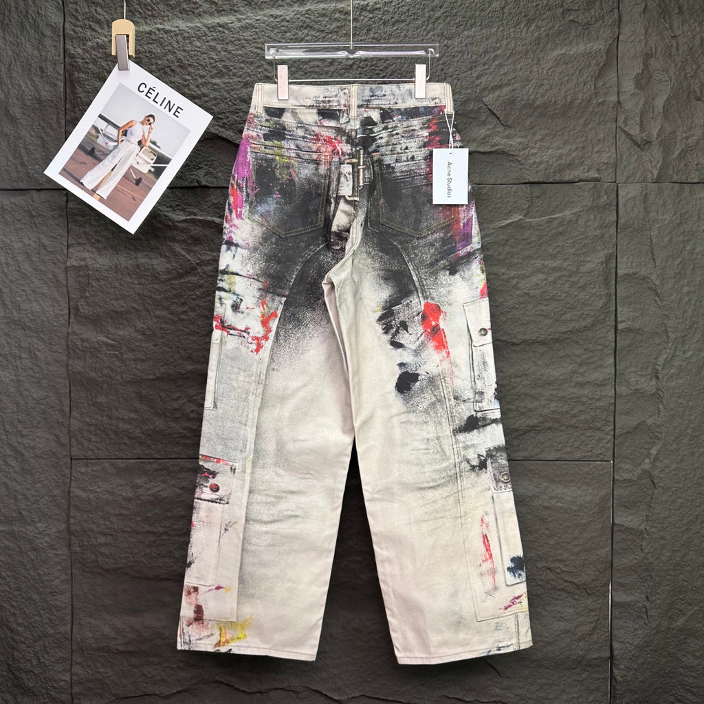 Acne Studios Abstract Paint‑Splatter Cargo Wide‑Leg Jeans