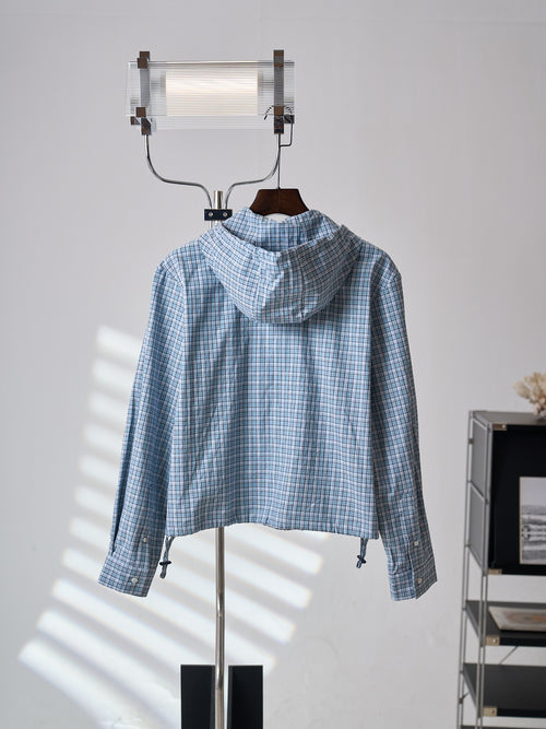 Acne Studios Blue Gingham Zip‑Up Hooded Jacket