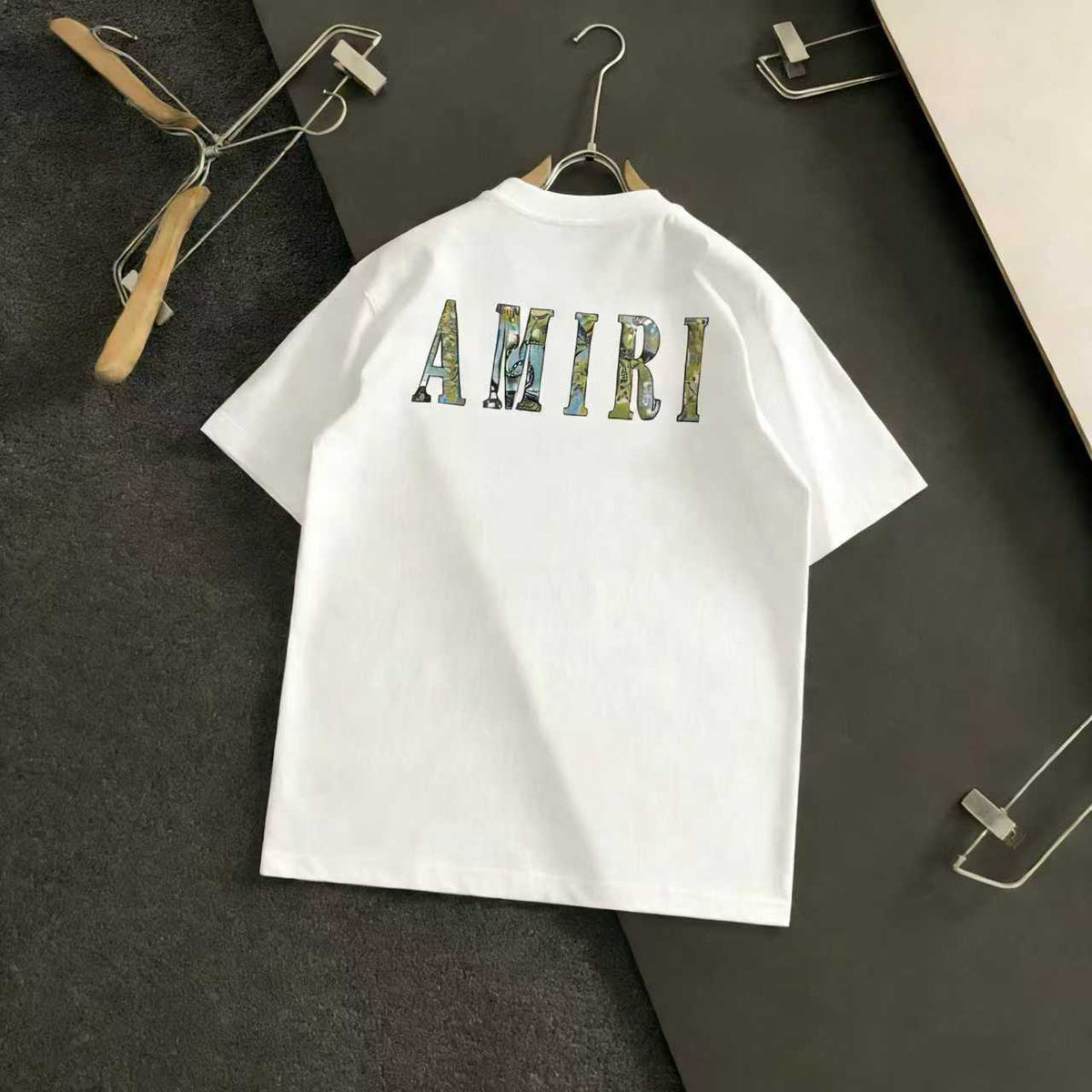 Amiri Camo Monogram Chest Graphic Crew‑Neck Short‑Sleeve T‑Shirt