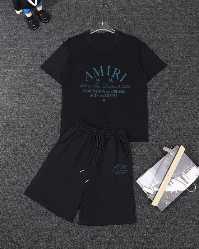 AMIRI LA Arts District Vintage Text Short‑Sleeve Tee & Drawstring Shorts Set